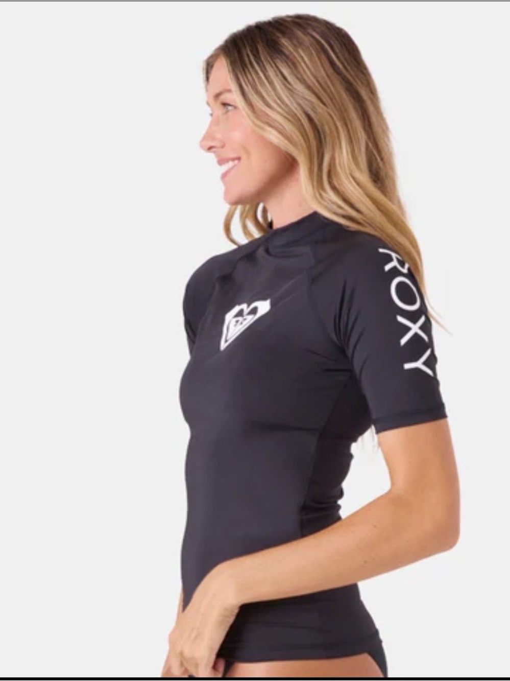Roxy Black Short-Sleeve Rash Guard with White Logo swim XS